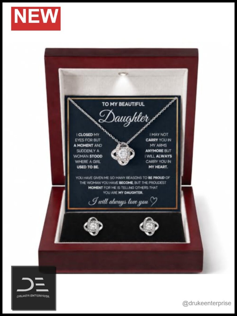 Stainless Steel Daughter Necklace Earrings Set Cubic Zirconia Gift